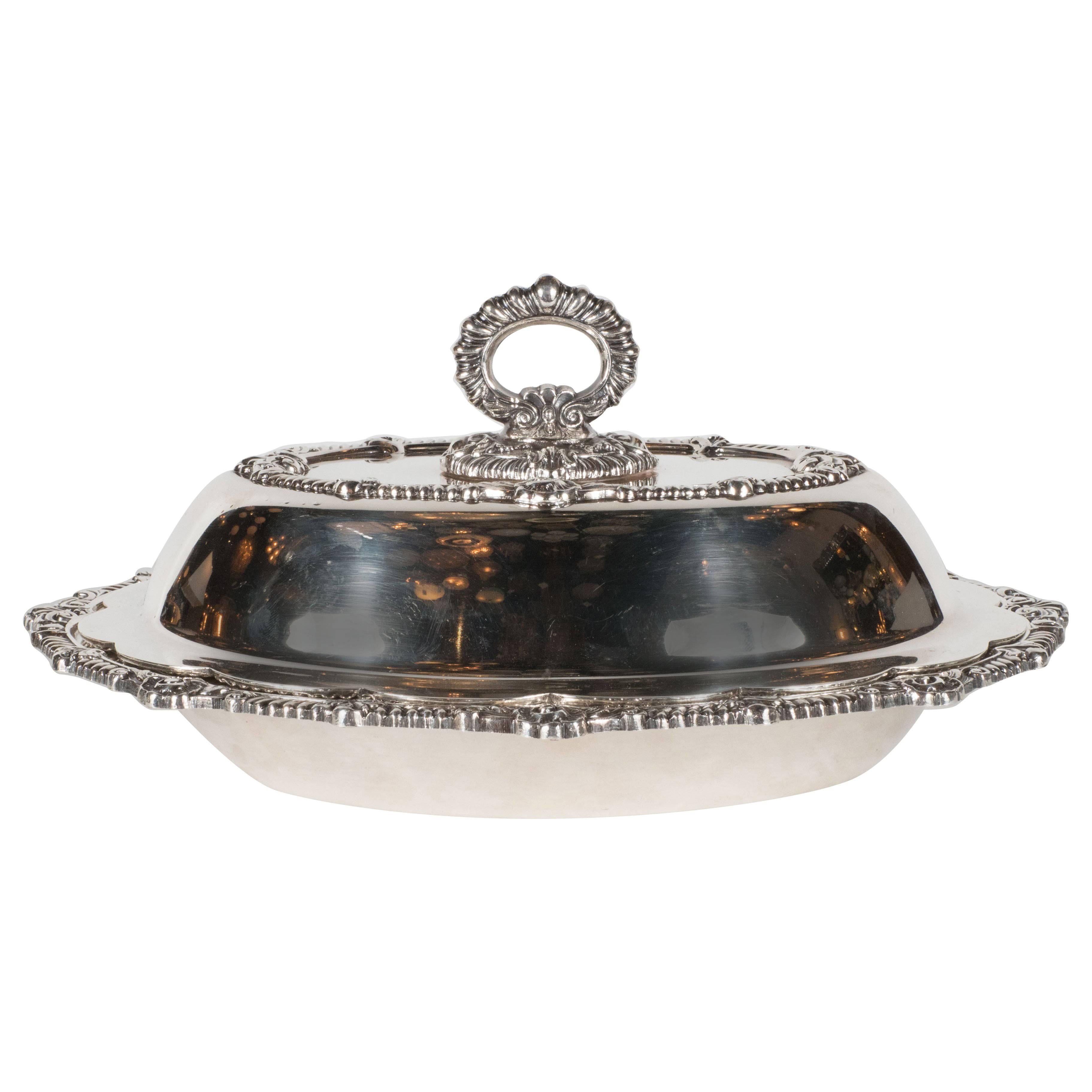 Neocolonialist Revival Silver Plated Tureen W/ Scalloped Edges & Baroque Detail For Sale