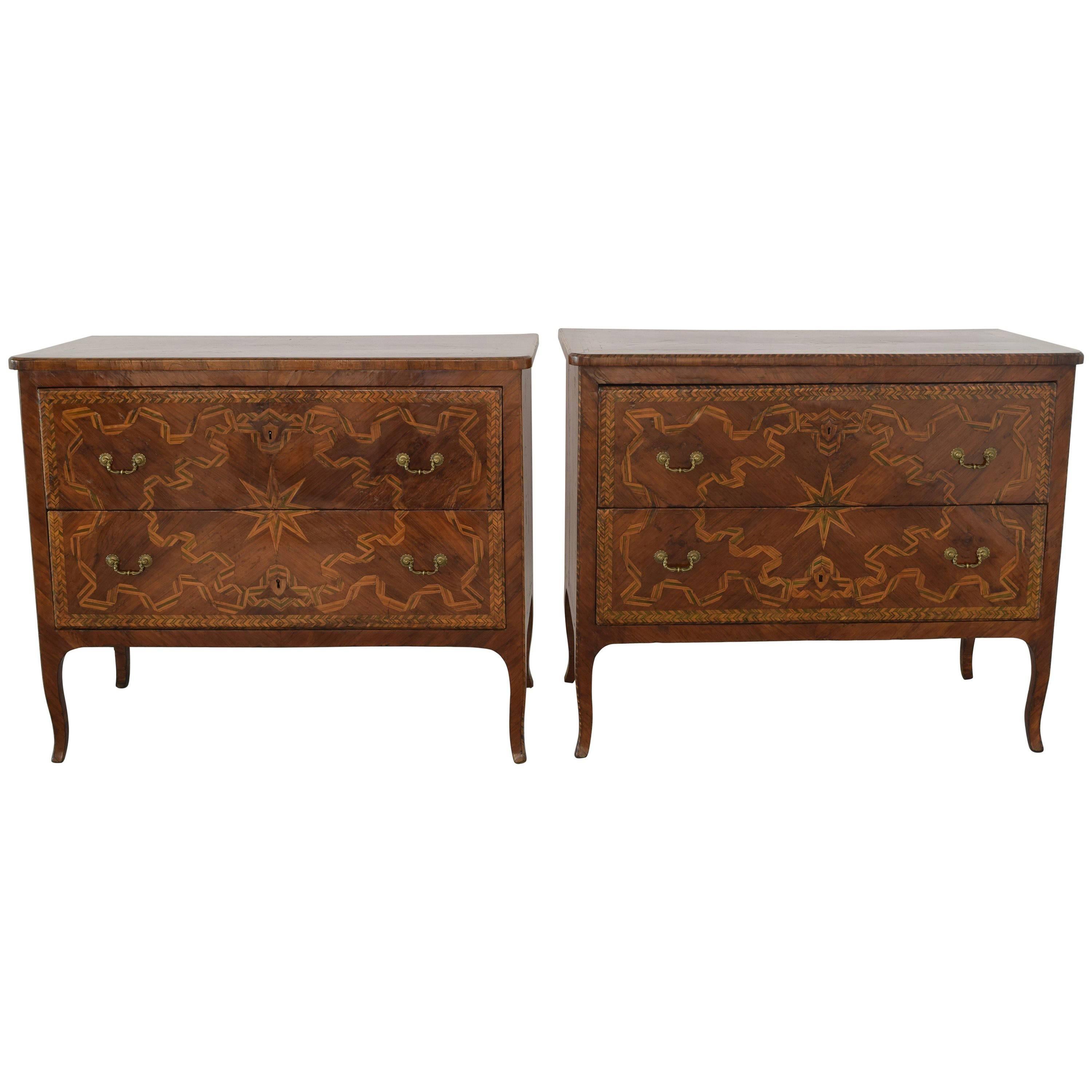 Extraordinary Pair of Italian Walnut & Pearwood Marquetry Two-Drawer Commodes