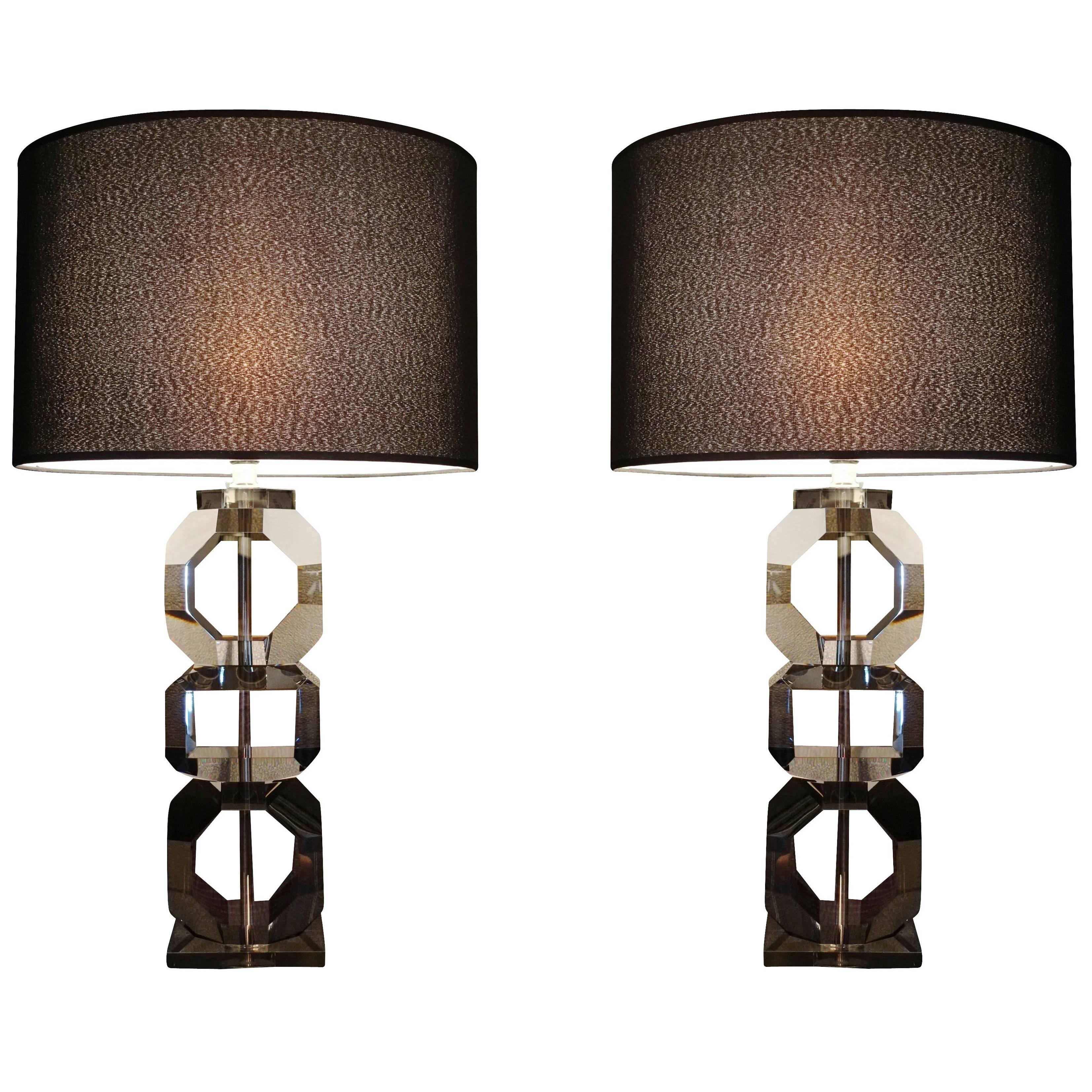 Smoked Crystal Pair of Lamps, Belgium, Contemporary