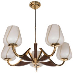 Organic Mid-Century Modernist Chandelier in Brass, Walnut and Frosted Glass