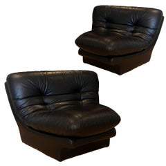 Pair Stunning 1970s Space Age Modern Black Wedge Leather Lounge Chairs  Preview