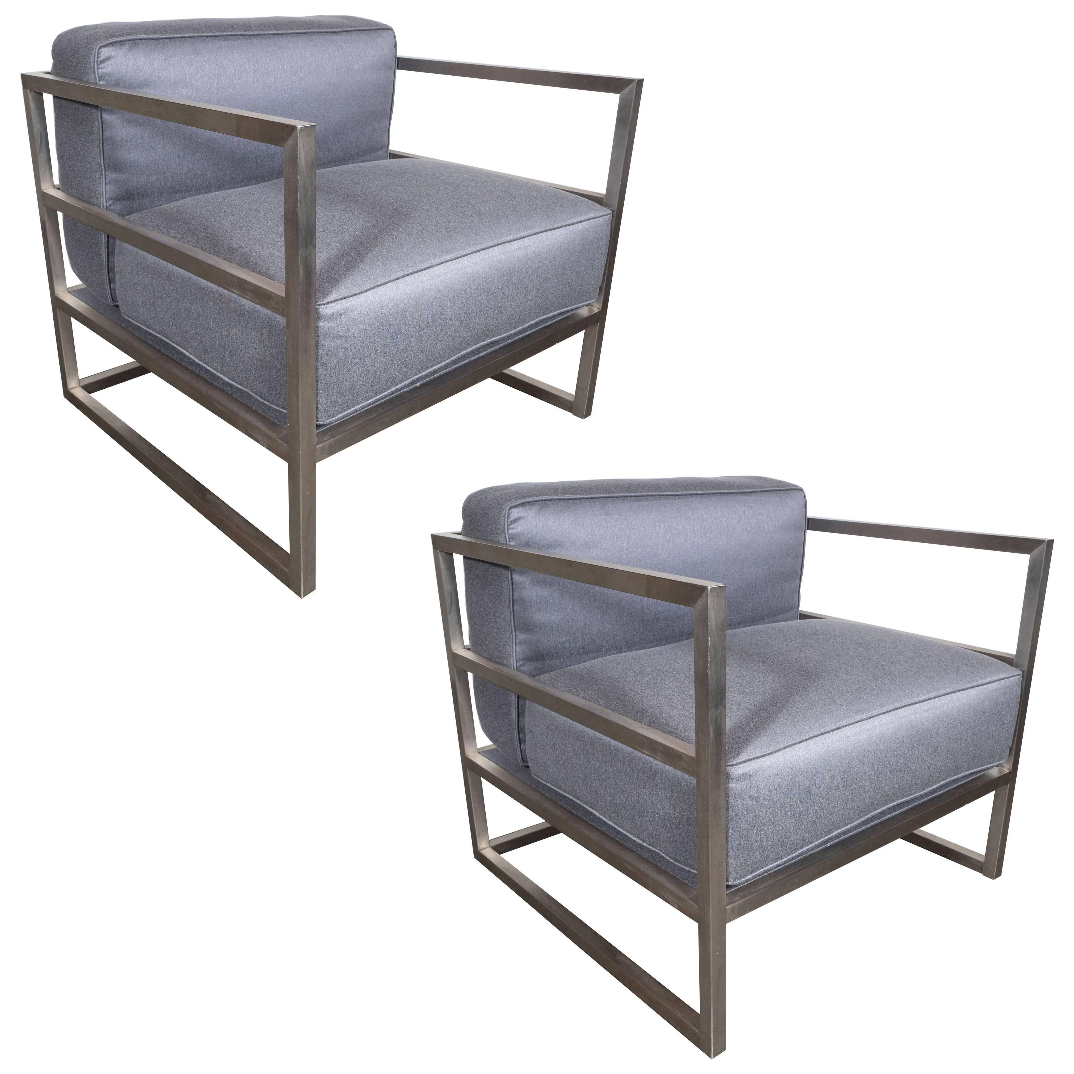 Pair of Modernist Brushed Aluminium Club Chairs in Platinum Sharkskin