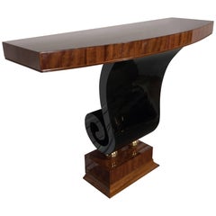 Art Deco Wall Console in Black Lacquer and Mahogany with Brass Ball Supports
