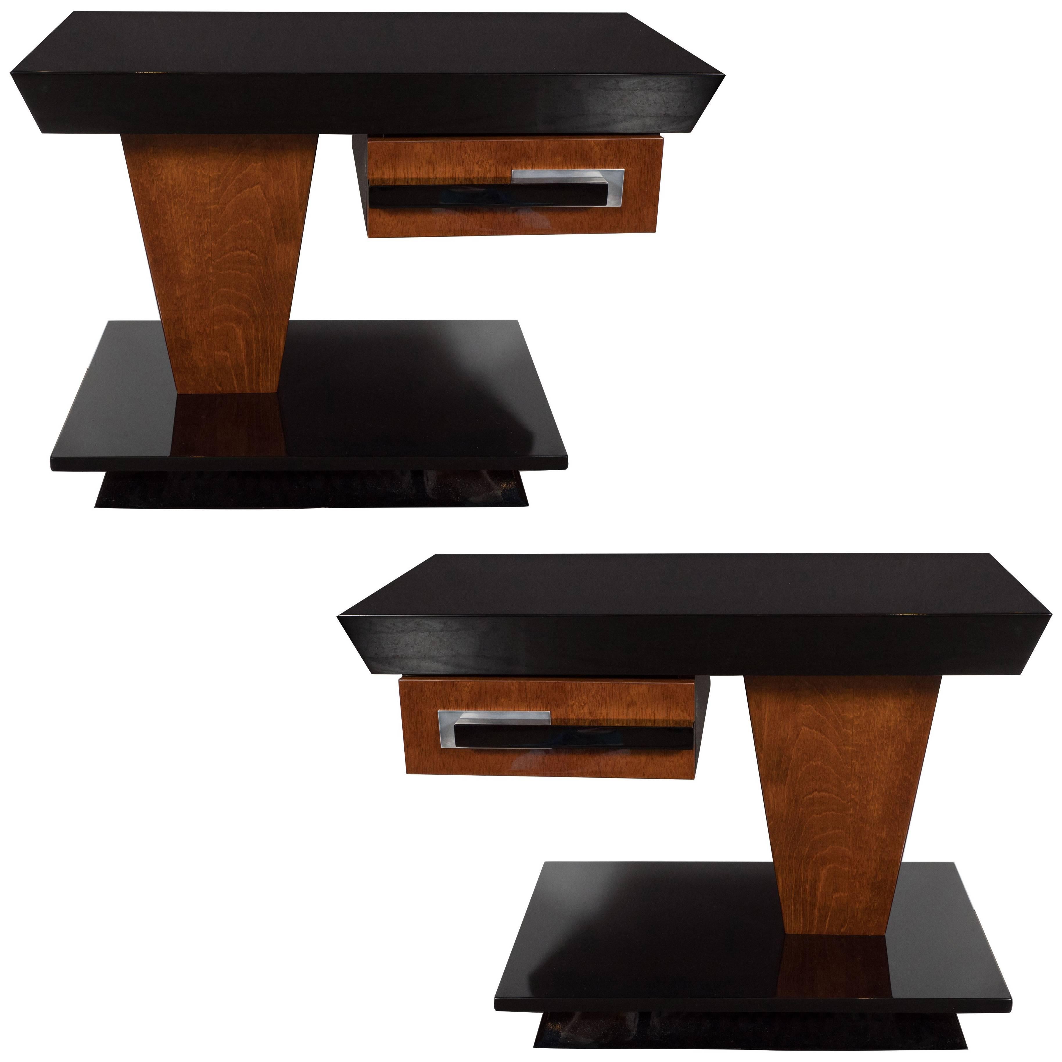 Pair of Art Deco End Tables in Black Lacquer and Burled Walnut by Donald Deskey