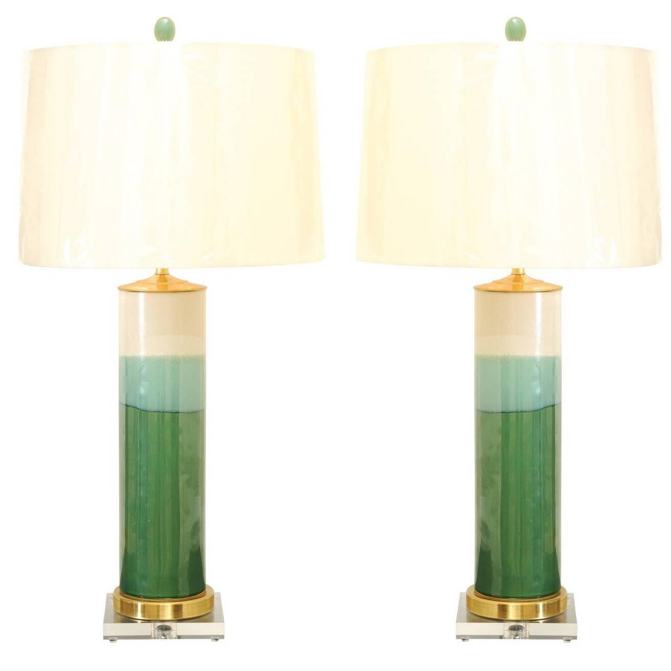 Exquisite Pair of Drip-Glaze Lamps with Accents of Lucite, Brass and Jade