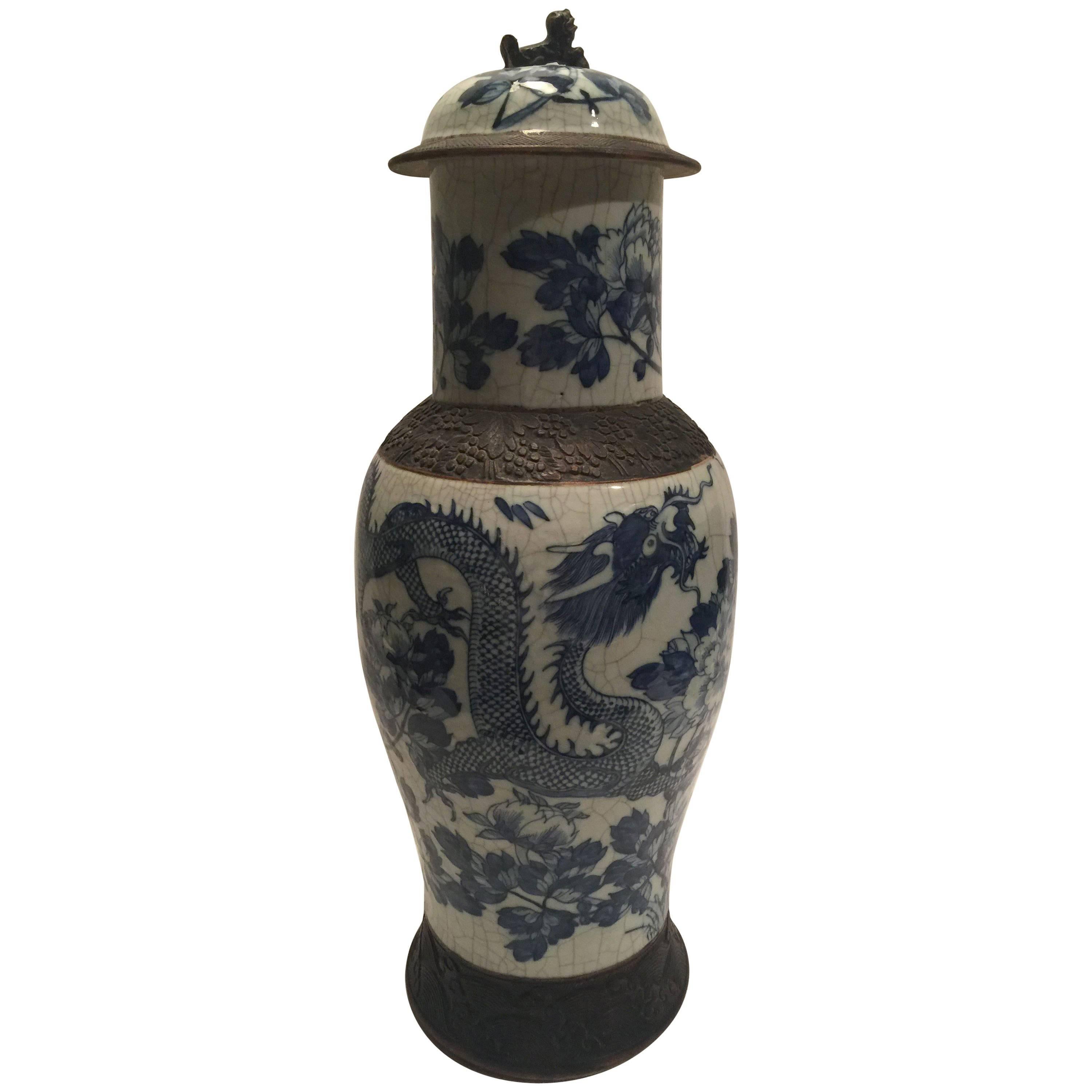 Qing Dynasty Blue and White Lidded Temple Jar For Sale