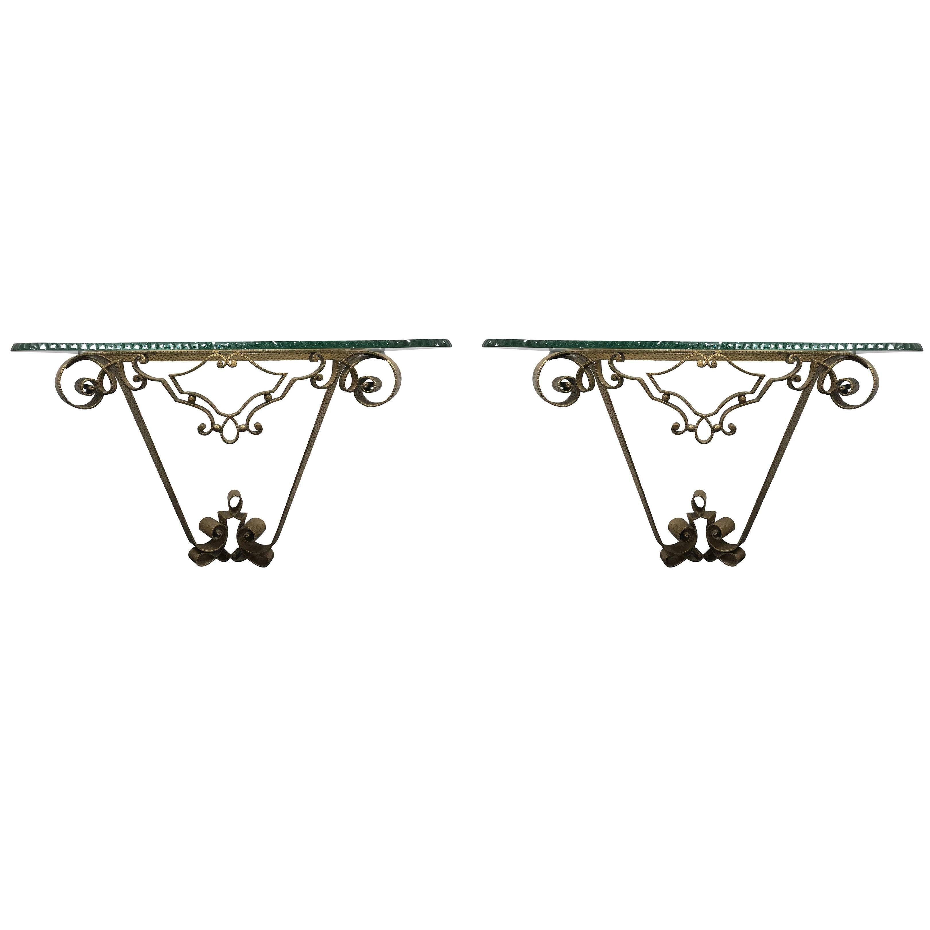 Luigi Colli Pair of Hammered Bronze Console Tables, Italy, 1950s
