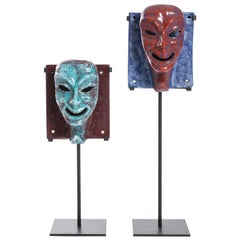 Pair of Italian Ceramic Masks on Stands