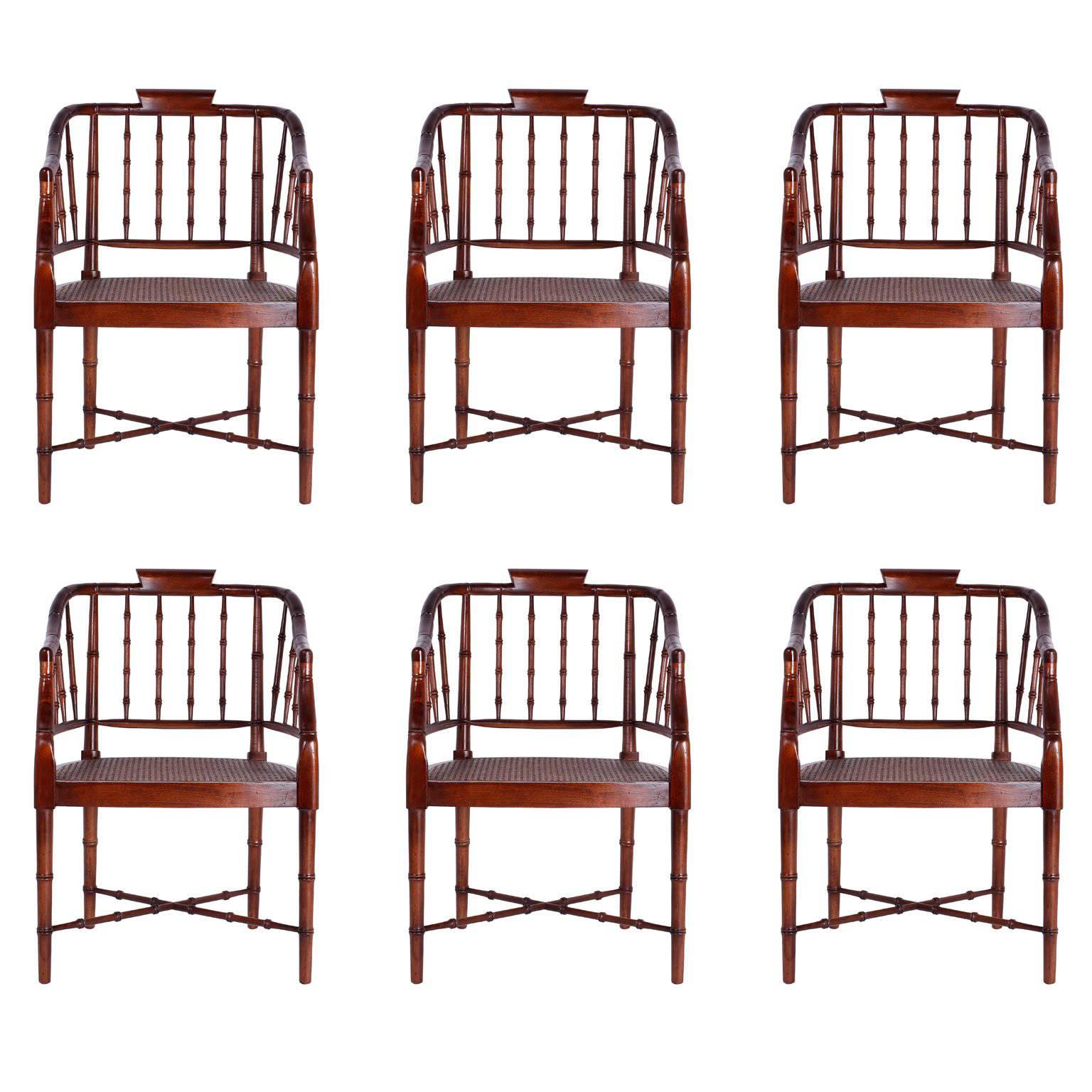 Set of Six British Colonia Style Caned Tub Armchairs