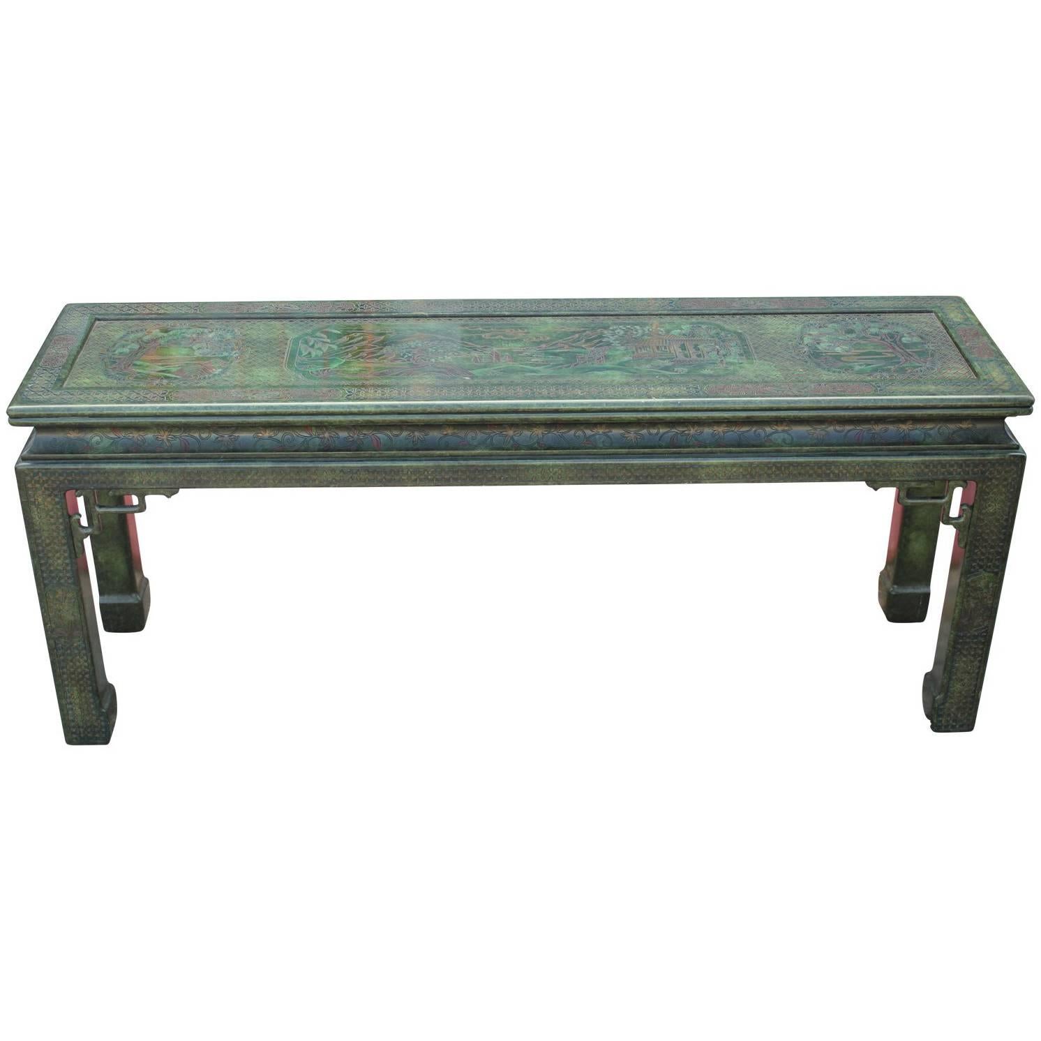 Modern Green Lacquered Carved Chinoiserie Console Table