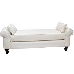 Classic Bench with Linen Upholstery and Turned Wood Legs 8