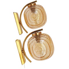 Pair of Glass & Brass Wall Sconces amber by Glashütte Limburg, Germany 1960s