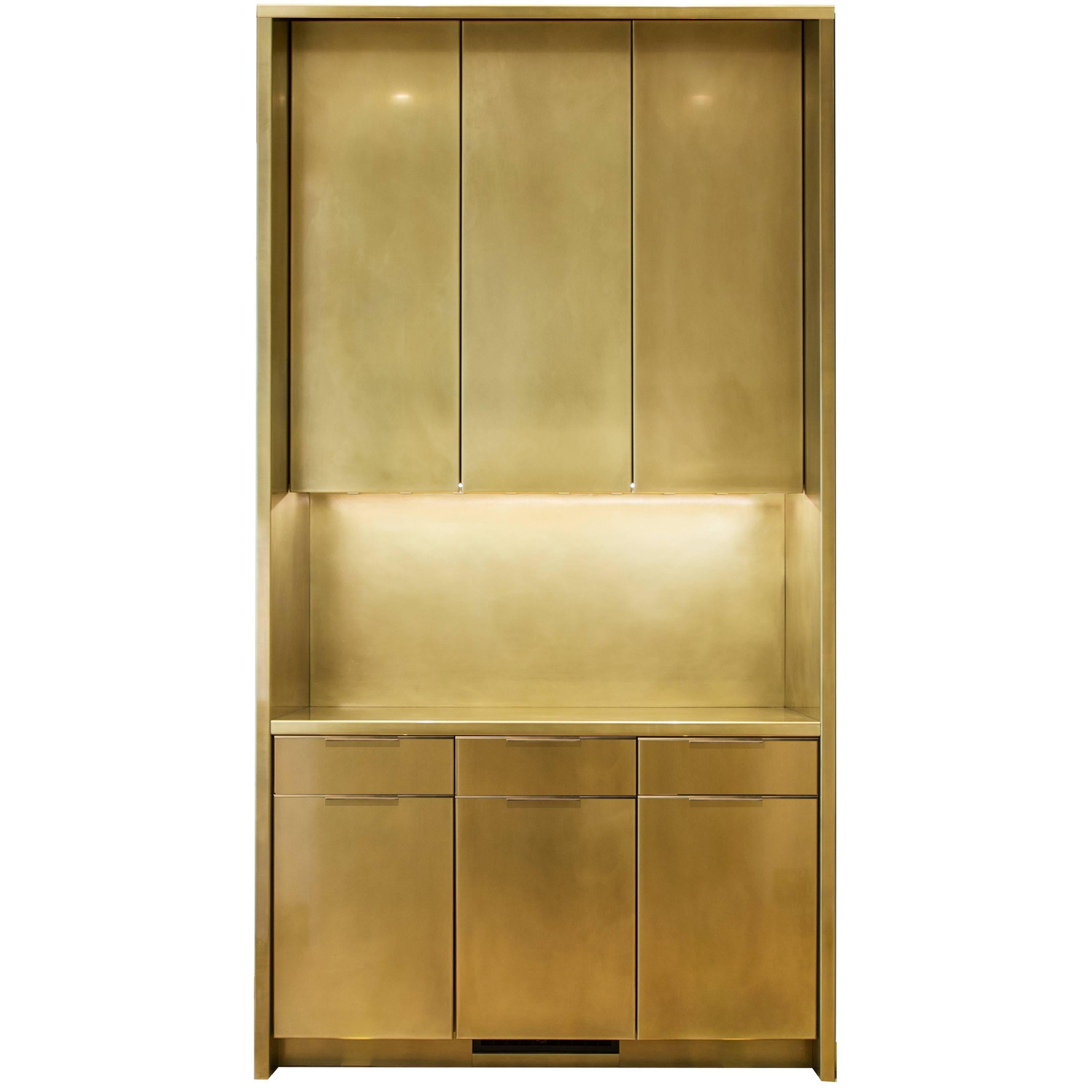 Amuneal's Brass Kitchen Cabinets with Warm Patina Finish and Custom Handles