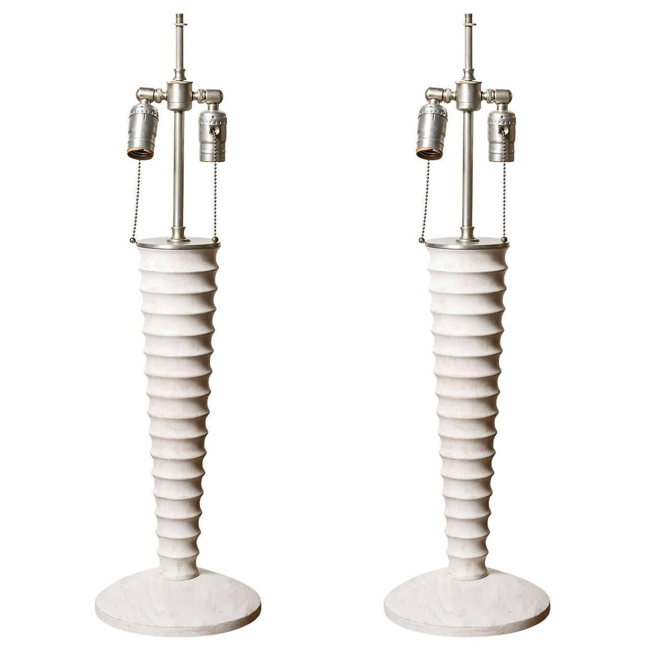 Pair of White-Washed Turned Wood Lamps