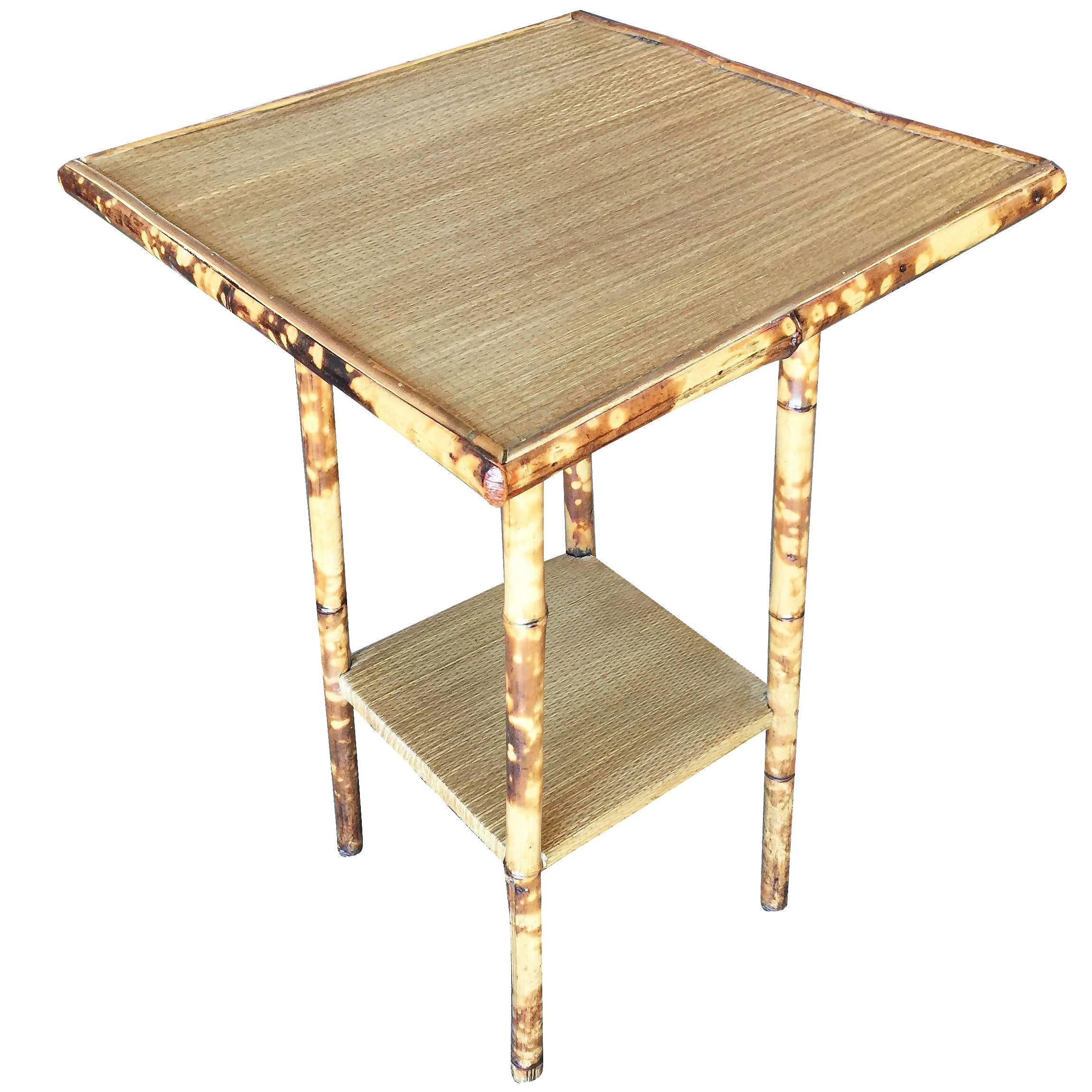 Restored Tiger Bamboo Pedestal Side Table with Straight Legs