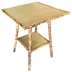 Restored Tiger Bamboo Pedestal Side Table with Large Top