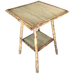 Antique Restored Tiger Bamboo Pedestal Side Table with Slat Bamboo Top