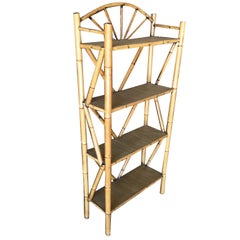 Restored Tiger Bamboo Four-Tier Corner Shelf Etagere with Top Crown