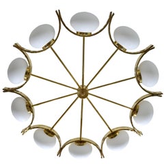 Italian Modern Round Brass and Ten Opaline Glass Globe Chandelier