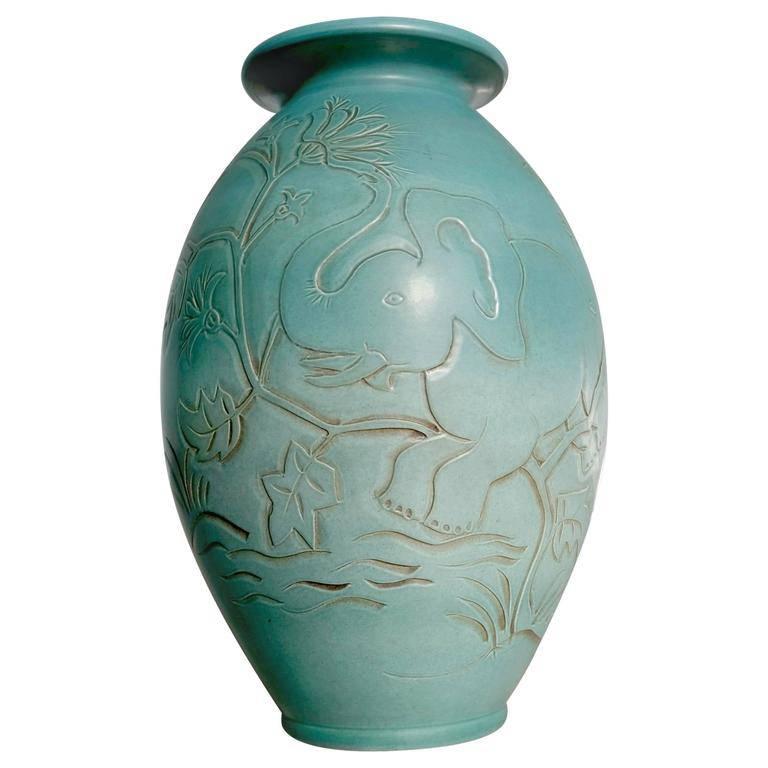 Large Ceramic Vase with Elephant Design by Folmer Gross for Knabstrup Keramik