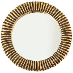 Vintage Francois Lembo Ceramic Mirror Gold Ribbed, France, 1970s