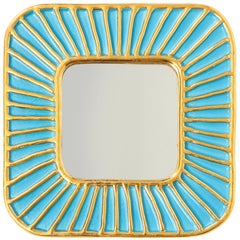 Vintage Francois Lembo Ceramic Mirror Turquoise Gold Signed, France, 1970s