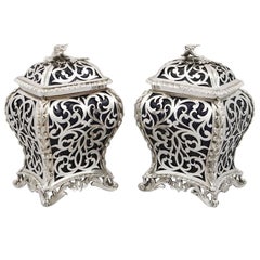1845 Antique Victorian Sterling Silver and Glass Tea Caddies