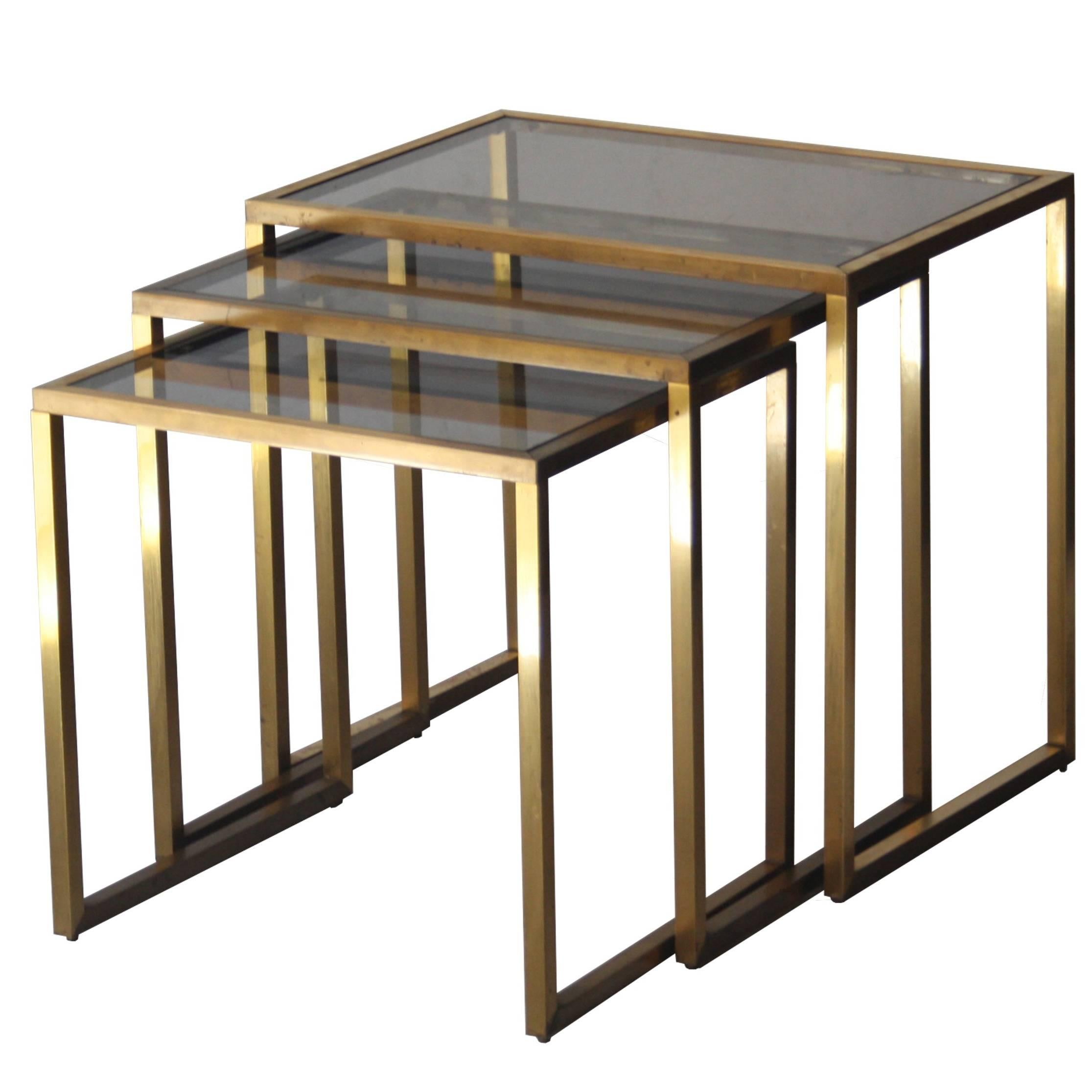 Midcentury Modern Rectangular Gold Brass Smoked Glass French Side Tables, 1960