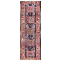 1940s Unique Persian Heriz Runner with Geometric Medallions in Red, Blue & Green