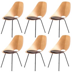 Six Vittorio Nobili "Medea Chairs" with Black Leather Seat Cushions, Italy 1950s