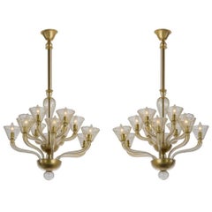 Pair of Murano Mid-Century Gold Aventurine Two-Tier Twelve-Light Chandeliers
