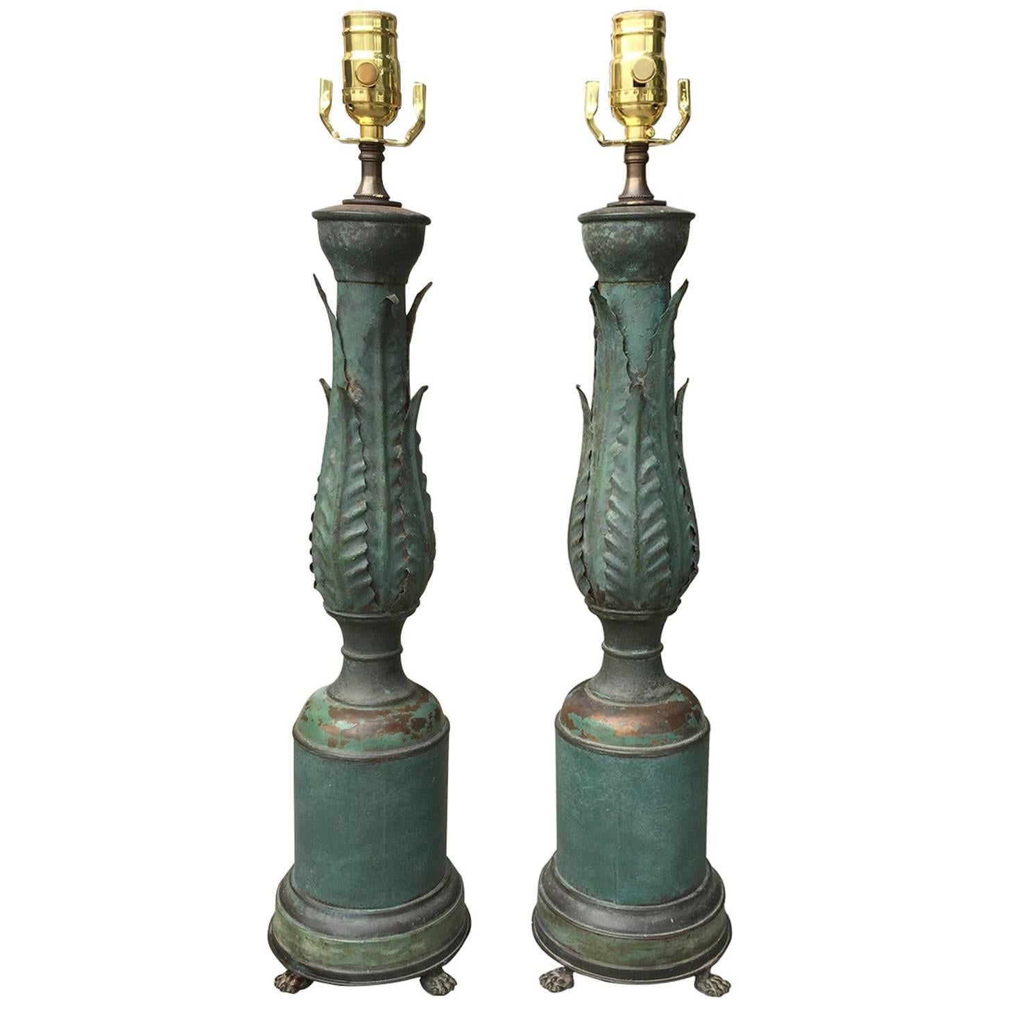 Pair of 1920s Neoclassical Tole Lamps with Acanthus Leaves and Lion Paw Feet