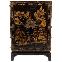 Retro Mid Century Modern Black Lacquer Chinoiserie Cabinet
