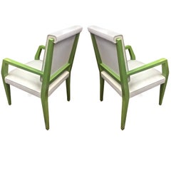 Jacques Quinet Chicest Rare Green Lacquered Pair of Chairs Newly Covered