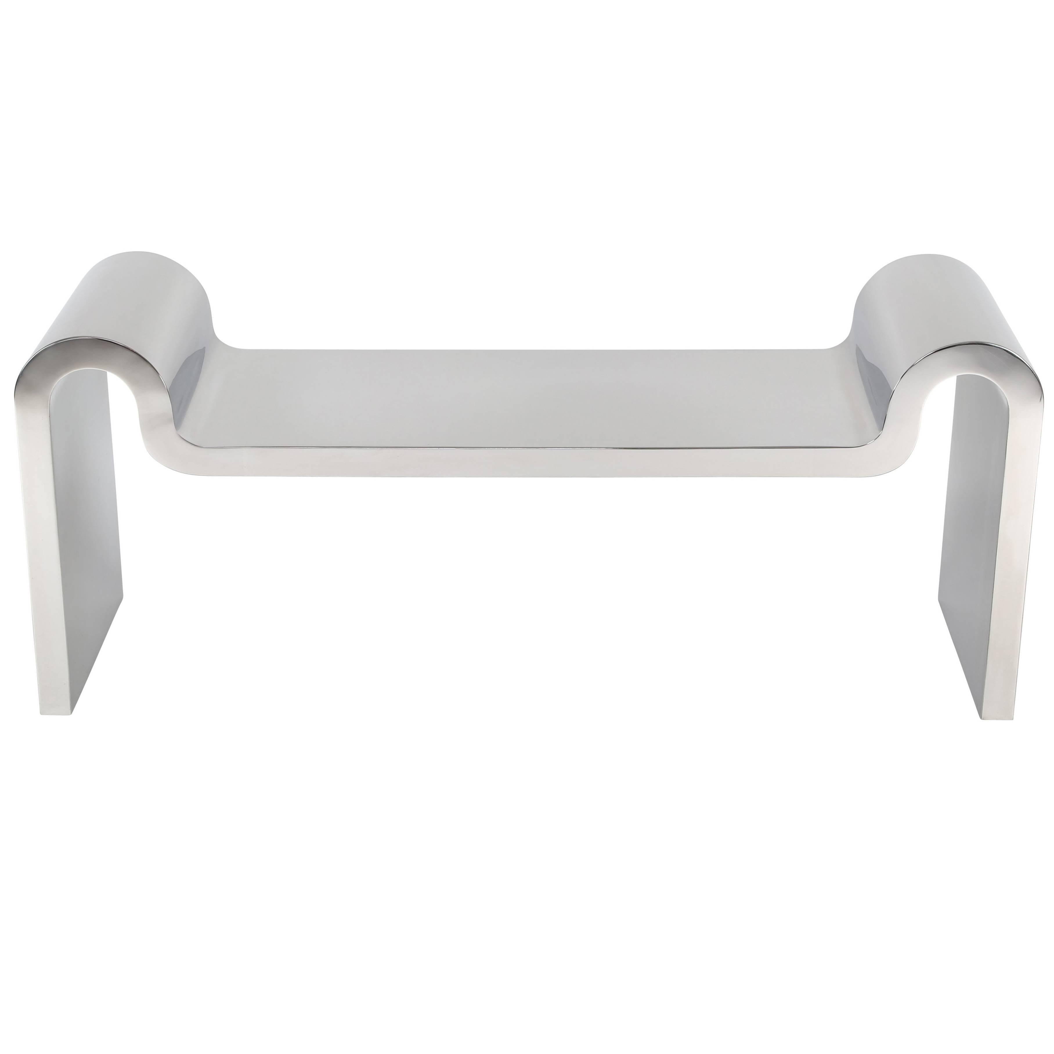 Rare Karl Springer "Sculpture" Bench in Polished Stainless Steel, circa 1990