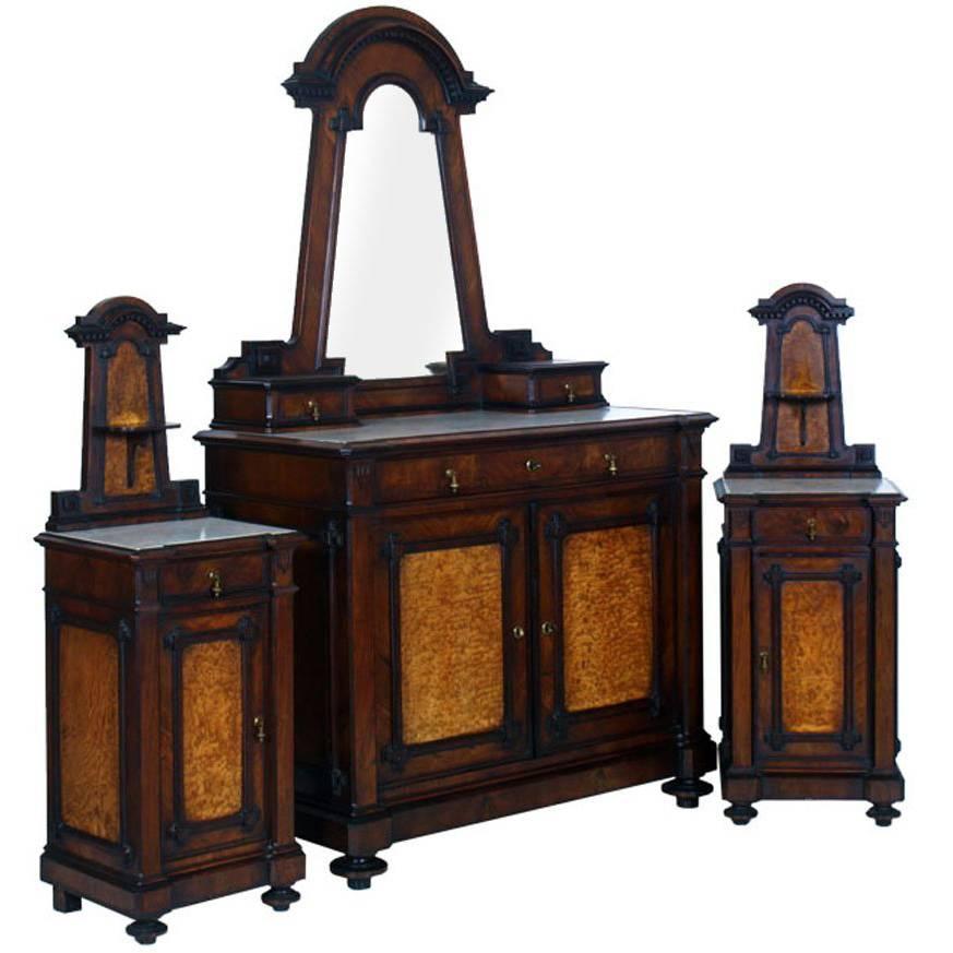 Italian Art Nouveau Dresser and Nightstands Walnut, Applied Olm Root, Marble Top For Sale