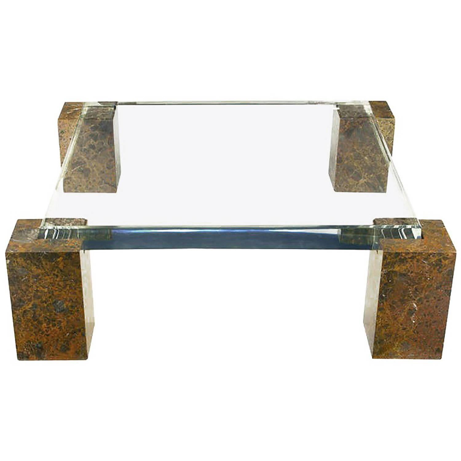 Brazilian Red Marble Column Coffee Table with Thick Lucite Top