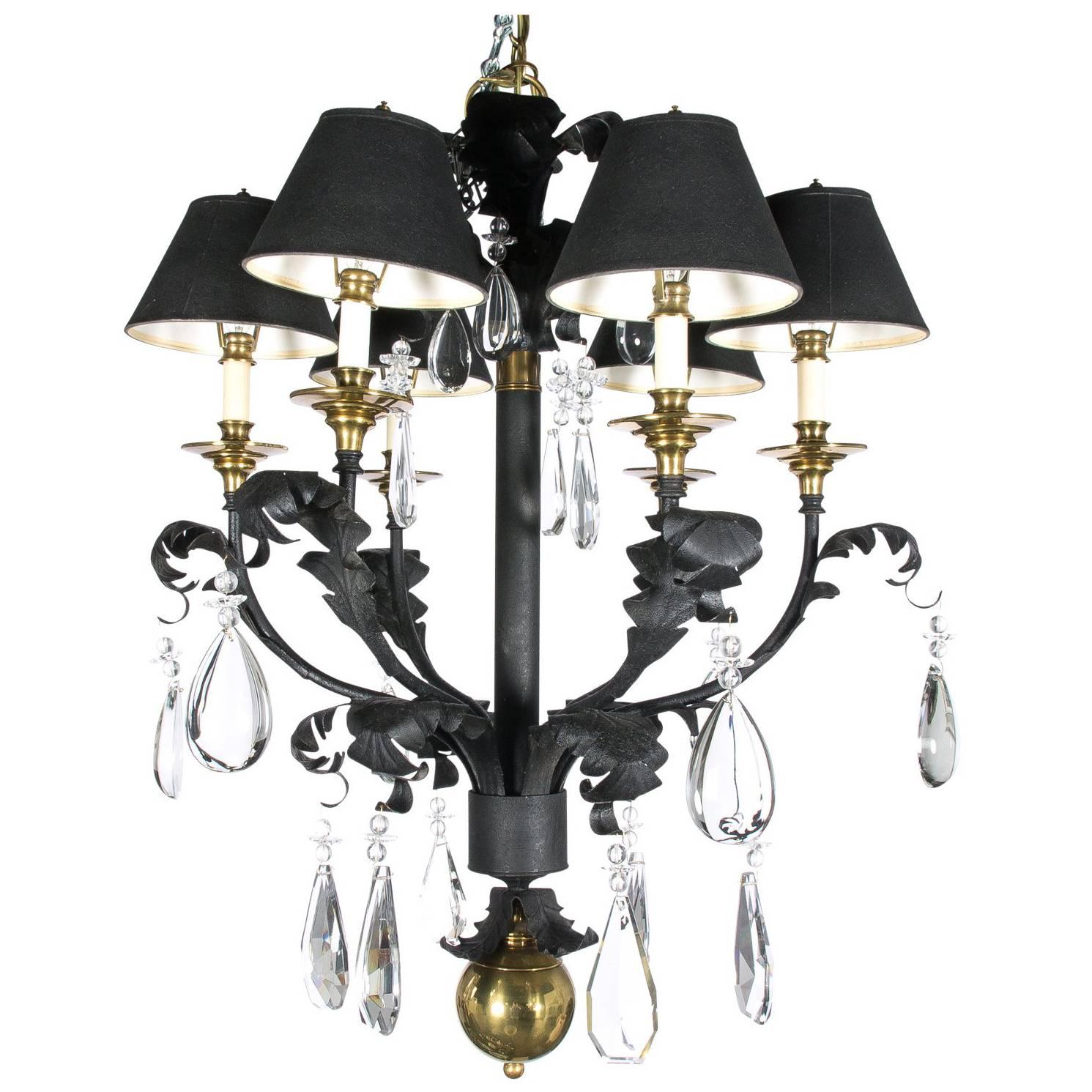 Black and Brass Chandelier with Crystal Drops For Sale