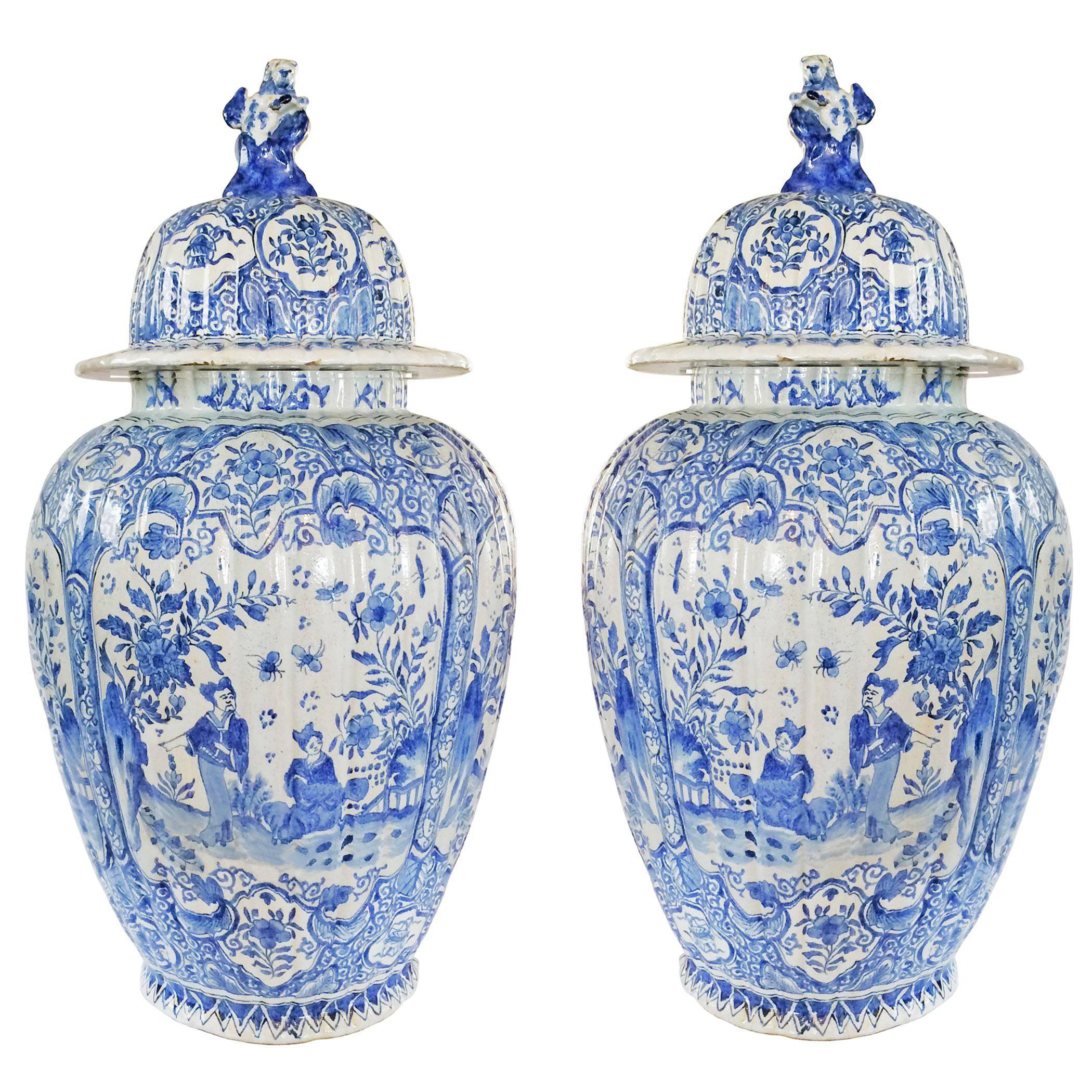 Pair of Pale Blue Delft Baluster Covered Jars For Sale