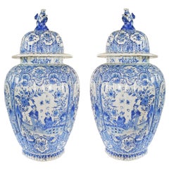 Pair of Pale Blue Delft Baluster Covered Jars