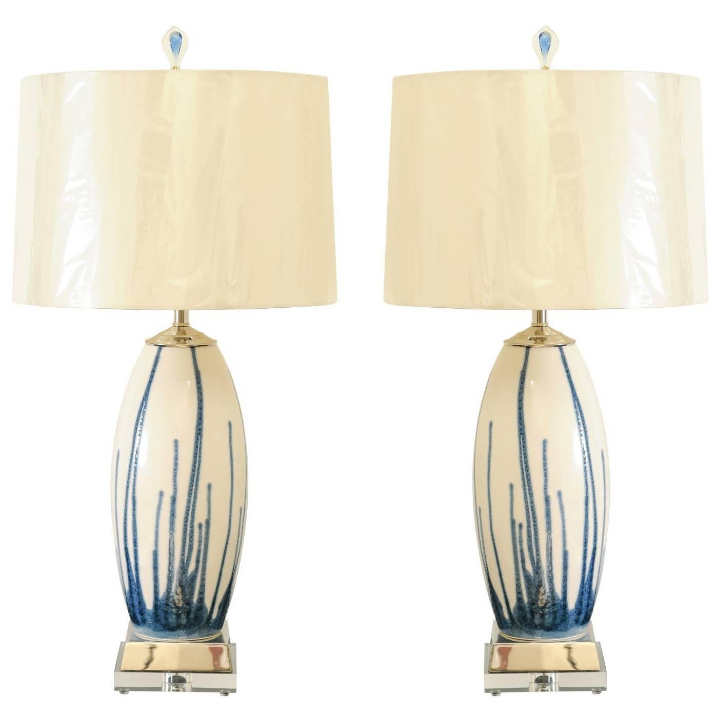 Lovely Pair of Custom-Made Portuguese Drip Ceramic Lamps in Blue and Cream
