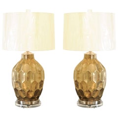 Exceptional Restored Pair of Vintage Large-Scale Faceted Ceramic Lamps