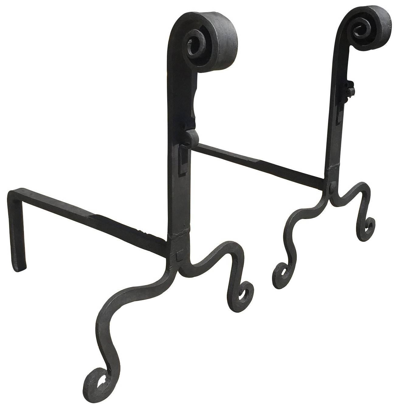 American Large Scale Hand Wrought Iron Andirons, circa 1900