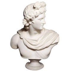 Large Monumental Antique Italian Carrara Marble Bust of Apollo, signed