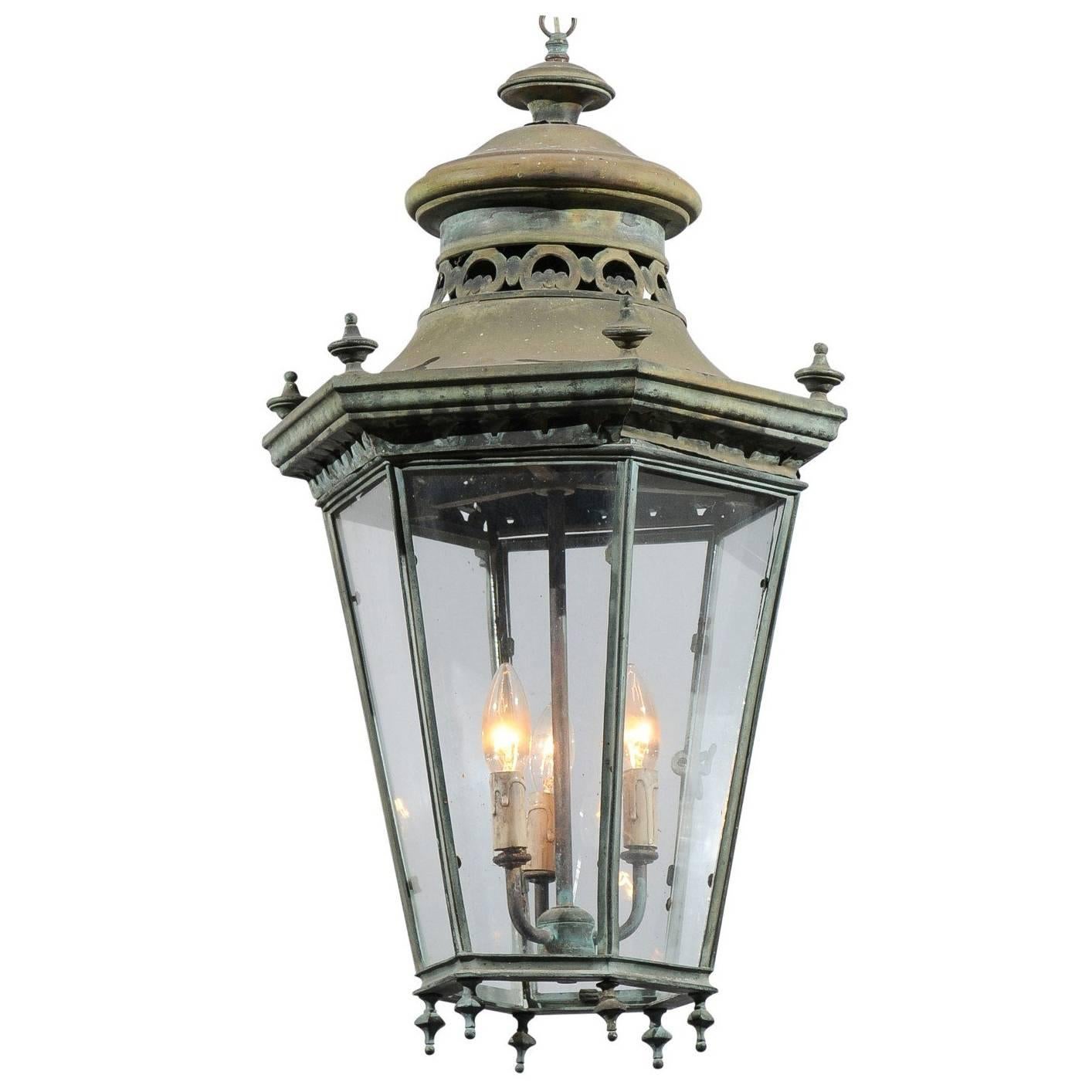 French Hexagonal Verdigris Bronze Three-Light Hanging Lantern, circa 1880