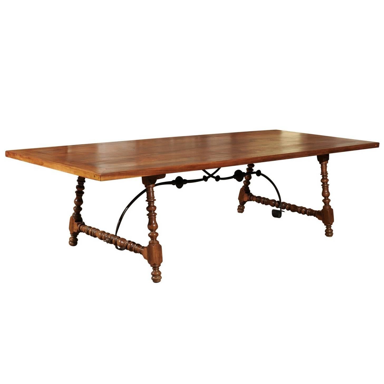 Spanish 18th Century Walnut Fratino Table with Turned Legs and Iron Stretcher