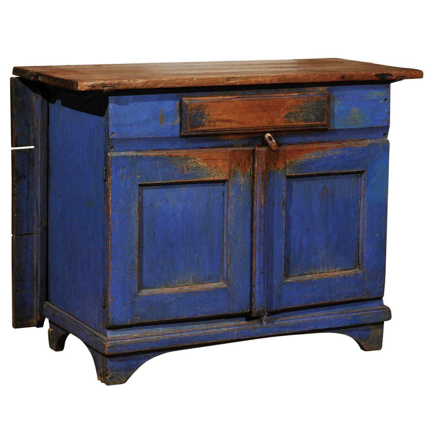 Swedish Blue Painted Buffet with Drop-Leaf Table Attached, Circa 1858