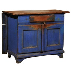 Antique Swedish Blue Painted Buffet with Drop-Leaf Table Attached, Circa 1858