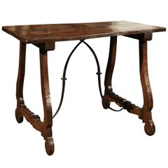 Italian 1780s Baroque Walnut Fratino Table with Iron Stretcher and Lyre Legs