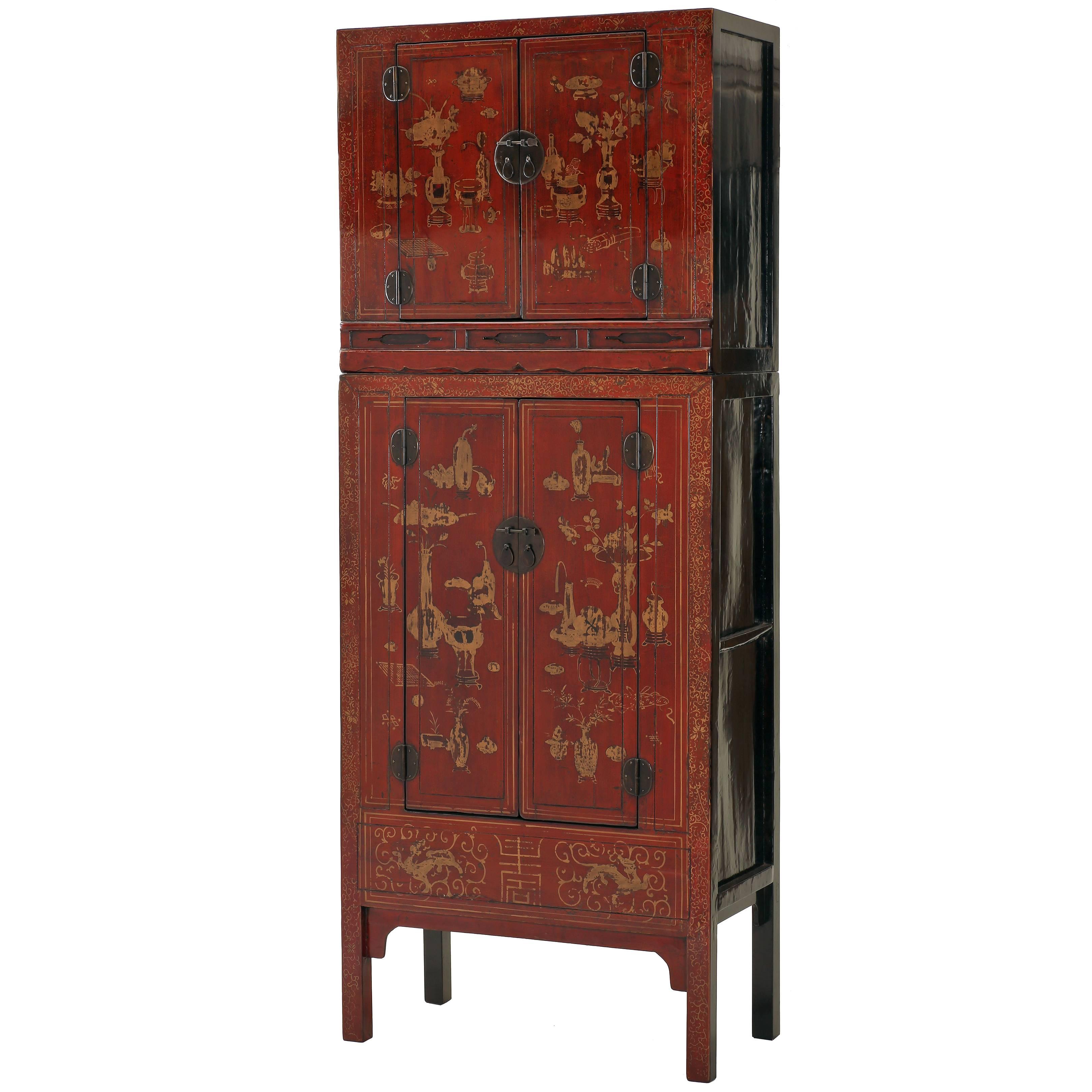Antique Red Lacquer Gilt Painted Chinese Compound Cabinet, Scholastic Art